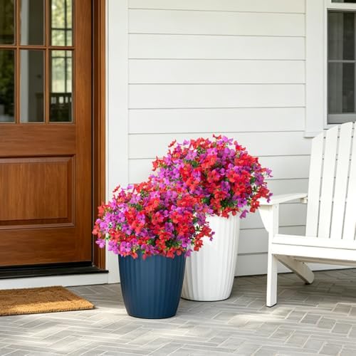 Artificial Faux Plants Flowers Outdoor Spring Summer Decoration, 12 Bundles Fake Silk Colorful Daisy Eucalyptus Realistic UV Resistant for Outside Home Planter Porch Patio Yard Decor (Red Purple) - Image 4