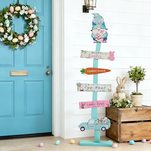 42.9inch Happy Easter Welcome Wooden Porch Sign| Spring Easter Carrot Rabbit Standing Decorative Signs For Front Door Outdoor Indoor Yard Decor - Image 4