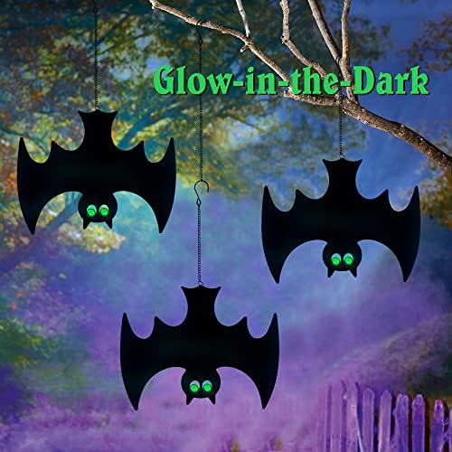 Halloween Glow in The Dark Metal Bat Ghost Hanging Decor Set of 3 for Indoor Outdoor Party Decor - Image 2