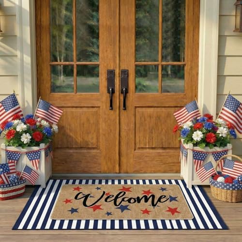 Tinideya 2 Pcs 4th of July Door Mat Outdoor Patriotic 250th Anniversary Welcome Doormat for Front Door Linen Rubber Layered USA Red White Blue Rug Nonslip Independence Day Decor for Porch Entryway by Tinideya