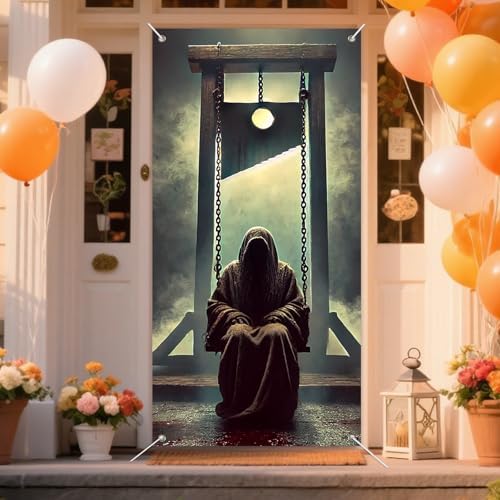 IVN Gothic Execution Door Cover 35x71 Inch Guillotine and Masked Figure Swing Bloody Scene Foggy Gallows Eerie Horror Decor for Front Porch Entryway Wall Decoration Halloween Theme - Image 5