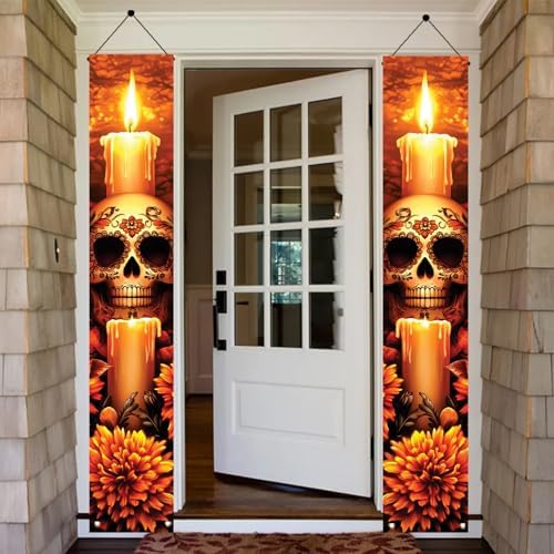 2PCS Day of The Dead Porch Banners 71 x 12 Inch Dia de Los Muertos Candle Skull Decorations Heart Eyes Sugar Skull Marigold Flower Hanging Signs for Halloween Mexican Festival Wall Decor - Image 2