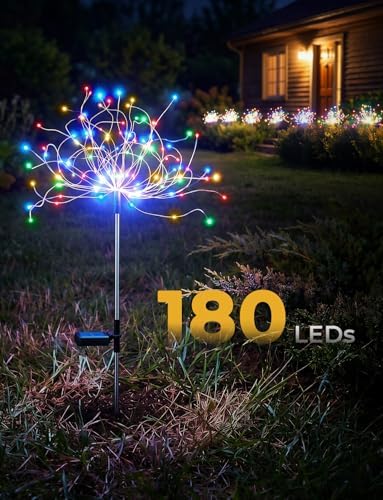 Multicolor Solar Lights Outdoor, 2 Pack 180LED Solar Garden Lights for outside, 8 Modes Firework Fairy light for Yard Pathway 4th of July Carnival Juneteenth Christmas Decor, Red/Yellow/Blue/Green - Image 2