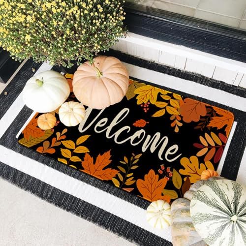 Fall Door Mat,Fall Maple Leaf Welcome Doormat Outdoor,Thanksgiving Non-Skid Floor Mat Autumn Kitchen Decoration Door Mats Bedroom Doormats 17x30 inch - Image 2