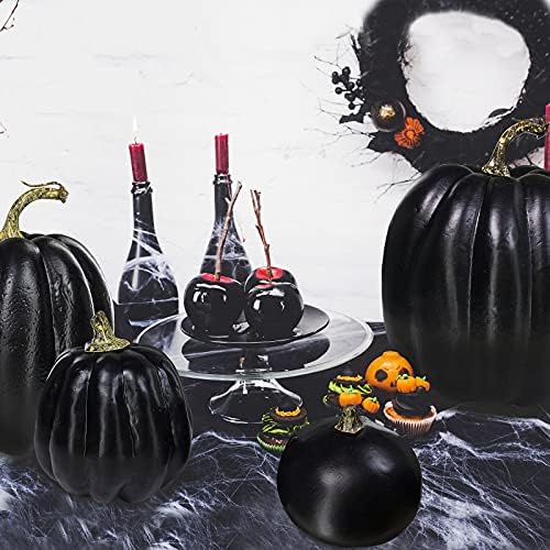 Winlyn 7 Pcs Assorted Artificial Black Pumpkins Halloween Faux Rustic Decorative Foam Pumpkins for Fall Halloween Thanksgiving Tabletop Centerpiece Mantel Kitchen Decor - Image 6