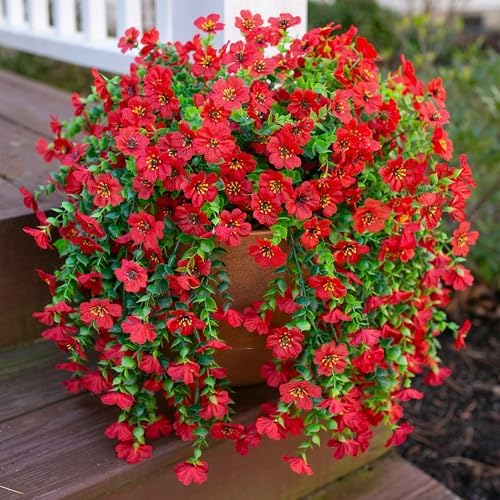 INSPRING Artificial Faux Outdoor Outside Flowers Plants, 2 PCS Fake Silk UV Resistant Look Real Red Daisy Trailing Vines for Front Door Porch Planter Urn Patio Balcony Decoration by INSPRING