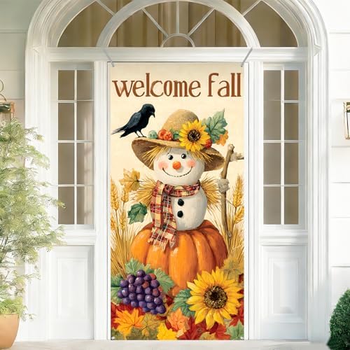 Welcome Fall Door Cover 35.4x70.8in, Autumn Harvest Scarecrow Pumpkin Sunflower Front Porch Banner, Rustic Thanksgiving Halloween Backdrop for Indoor Outdoor Home Yard Wall Decorations - Image 4