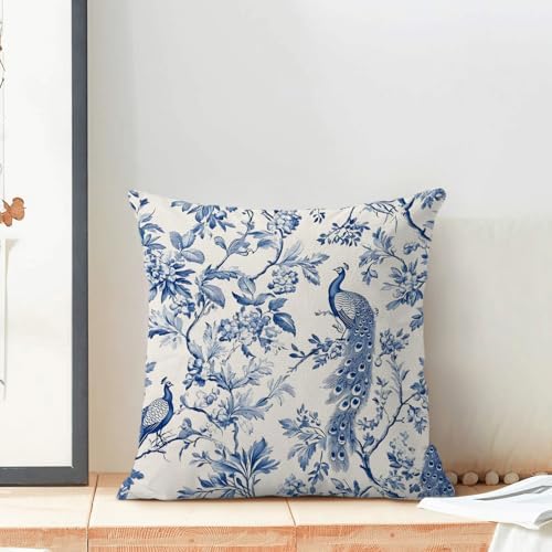 Navy Blue Spring Floral Pillow Covers 18 x 18 Inch Set of 2 for Chinoiserie Flowers Bird Decor Throw Pillows Vintage Plant Farmhouse Outdoor Decorative Cushion Cases for Couch Bed Decorations - Image 3