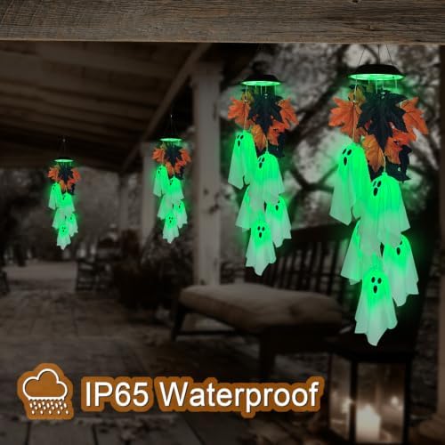 Halloween Solar Wind Chimes,Spooky Ghost Maple Leaves Hanging Mobile Lights - Image 6