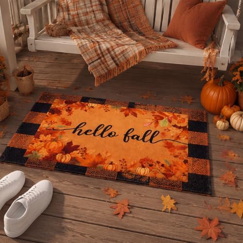 Honoson 2 Pack Fall Doormat, Orange Black Checkered Rug Non Slip Backing - Image 5