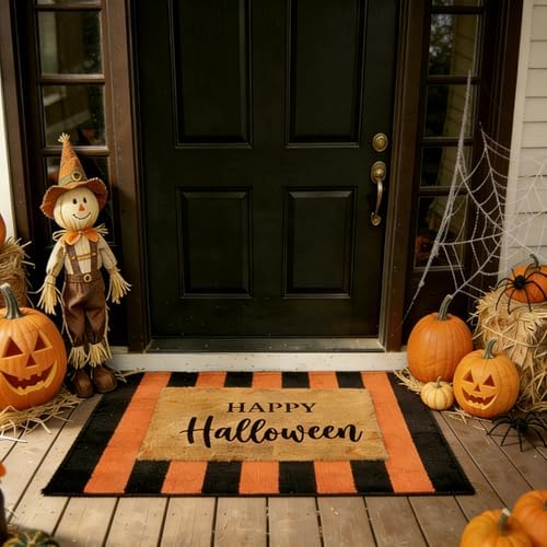 SEEKSEE Happy Halloween Decor Doormat Set, Thick Coco Coir Door Mat + Orange and Black Striped Rug, Outdoor Layered Mat for Front Door Non-Slip Backing Floor Mat for Porch - Image 4