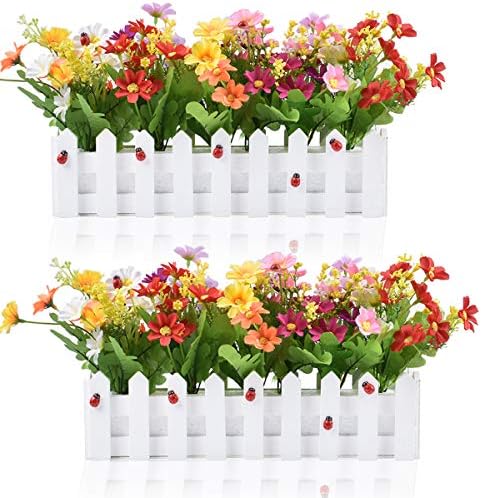 XONOR Artificial Flower Plants - Mixed Color Daisies in Picket Fence Pot for Indoor Office Wedding Home Decor, 2 Sets - Image 2