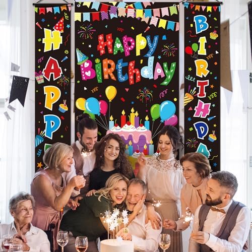 Oudain 3 Pack Colorful Happy Birthday Decorations Rainbow Birthday Banner Porch Sign Door Cover Flag Festival Wall Hanging Background Party Supplies - Image 4