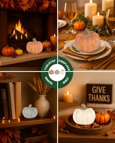 GoGnome Set of 3 Decorative Pumpkins – Resin Fall Harvest Décor in White, Sage Green & Orange, Rustic Autumn Table Centerpiece for Thanksgiving Farmhouse Home Decoration (White) - Image 4