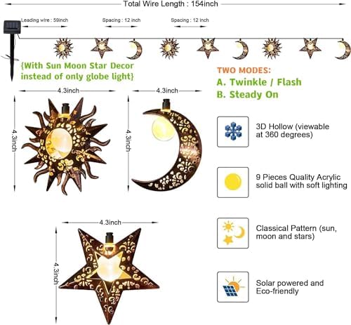 Beautyard Solar String Lights Outdoor Star Moon Sun 13Ft 153In Led Solar Powered Decorative Lights for Garden Patio Yard Trees Mothers Birthday Gifts Party (Warm White) (Star Moon Sun String Lights) - Image 4