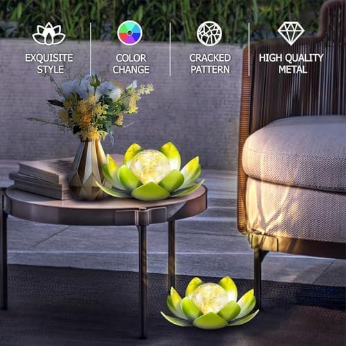 Huaxu Solar Lights Outdoor Garden Decoration Crackle Globe Glass Waterproof LED Metal Green Lotus Flowers Gift for Mom,Women,Patio,Lawn,Walkway,Tabletop,Ground - Image 4