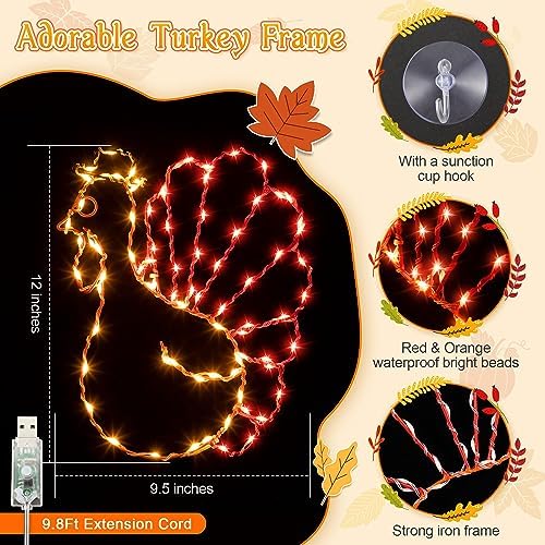 Hiboom Turkey String Lights Thanksgiving Window Decorations, 12 Inch 8 Flicker Modes Waterproof Turkey Window Silhouette Light USB Operated with Remote Control & Timer for Thanksgiving Decorations - Image 2