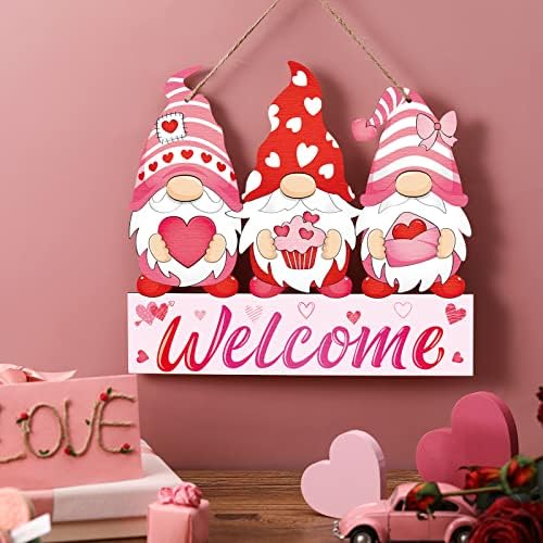 Panelee Valentine's Day Gnome Welcome Sign Valentines Hanging Wreath Sign for Front Door Decor Red Heart Love Decor Sweet Gnome Door Hanger for Home Wall Yard Indoor Outdoor Garden Window - Image 4