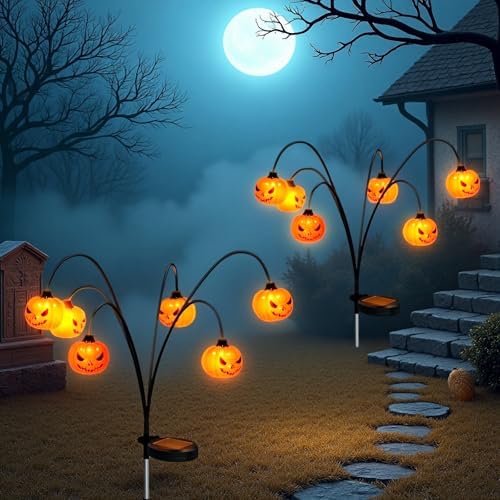 2 Pack Solar Halloween Lights Outdoor Decorations, Fall Pumpkin Lanterns by Thiswing