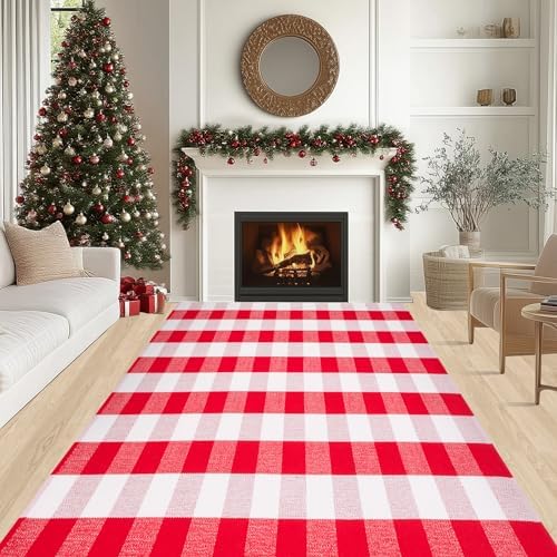 Christmas Buffalo Plaid Rug 4x6 Ft, Red White Indoor Outdoor Rug - Image 3