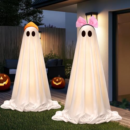 Halloween Decorations Outdoor Indoor, 2 Pack Light Up Cute Ghost Decoration Scary Sounds, Spooky DIY Standing Decor Set for Front Yards, Gardens, Porch, Lawn and Party - Image 5