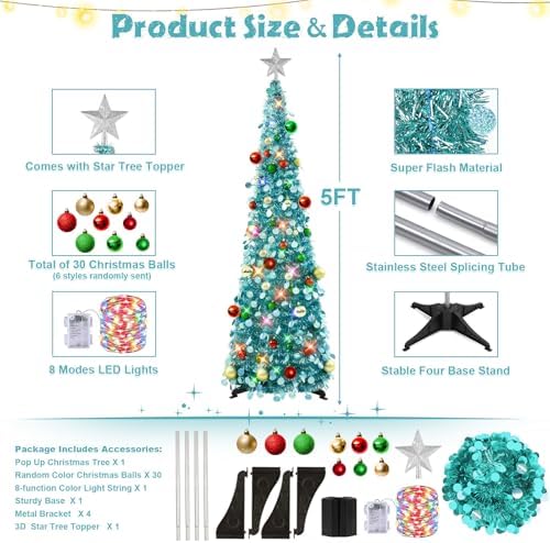N&T NIETING Pop Up Christmas Tree with Lights & Ornaments, 5FT, Lake Blue - Image 3