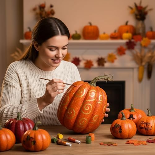 Geelin 7 Pcs Assorted Artificial Orange Pumpkins Harvest Decorative Faux Foam Pumpkins for Farmhouse Rustic Fall Thanksgiving Tabletop Centerpiece Mantel Shelf Kitchen Decoration - Image 4