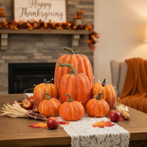 Geelin 7 Pcs Assorted Artificial Orange Pumpkins Harvest Decorative Faux Foam Pumpkins for Farmhouse Rustic Fall Thanksgiving Tabletop Centerpiece Mantel Shelf Kitchen Decoration - Image 2