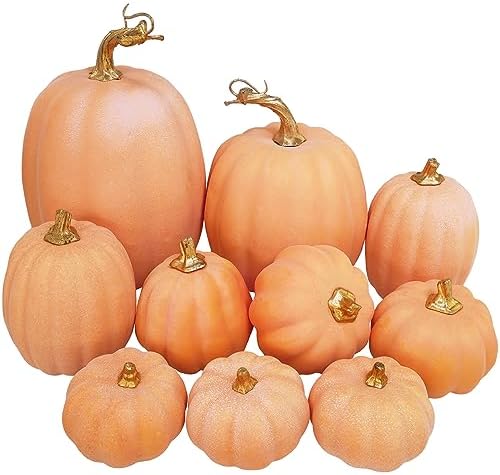 Winlyn 10 Pcs Assorted Artificial Orange Pumpkins Decorative Pumpkins Faux Light Orange Pumpkins Foam Pumpkins for Fall Harvest Autumn Wedding Thanksgiving Halloween Table Centerpiece Mantel Décor by Winlyn
