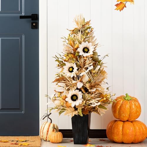 Glitzhome 36”H Fall Porch Tree, Harvest Artificial Porch Tree with Sunflower, Pinecone and Berry Porch & Black Planter, for Autumn Fall Harvest Thanksgiving Christmas Decoration by Glitzhome