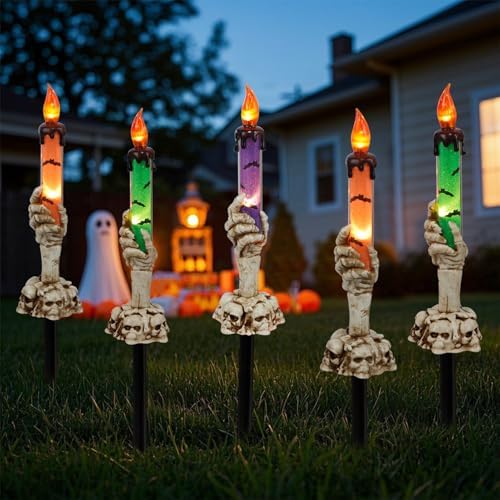WATERGLIDE Halloween Candle Light Stakes, 5 Pack Skeleton Hands Hold Lighted Candle Pathway Makers, Waterproof Battery Operated with Timer, Light Up Figurine for Indoor Outdoor Holiday Party - Image 5