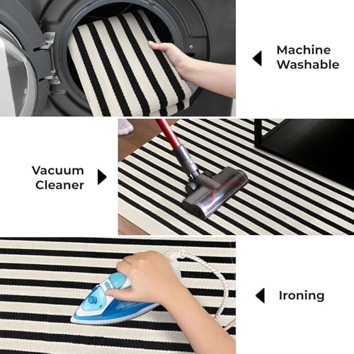 KOZYFLY Black and Beige Striped Porch Rug 27.5x43 Inches Area Rug Washable Outdoor Doormat Front Door Mat Cotton Striped Indoor Outdoor Rug for Front Door Kitchen Entryway Patio Porch - Image 6
