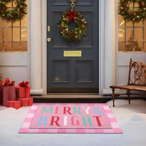 Drydiet 2 Pcs Christmas Doormat, Pink Merry & Bright Plaid Front Door Rug - Image 6