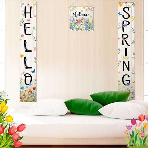 VitalCozy 3pcs Hello Spring Floral Porch Banner Welcome door Hanging Banner Colorful Floral Butterflies Porch Sign Decorations for Yard Indoor Outdoor Decorations - Image 5