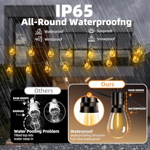 Outdoor Patio String Lights 50ft: S14 LED Shatterproof Bulbs 3 Modes Button Control - Waterproof Connectable Hanging Lights - Garden Backyard Yard Gazebo Porch Party Decorative - Image 2