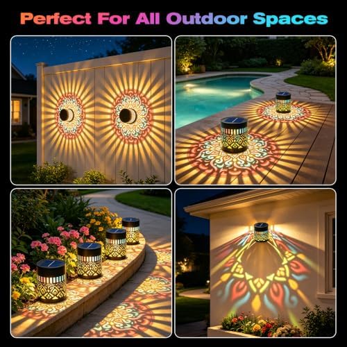 Solar Mandala Projection Wall Lights Waterproof, Gift for Women Men, Solar Mandala Lights Outdoor Metal Fence Lights, Decor Light for Yard Garden Post Patio Backyard Porch Tabletop (Warm White 2 Pcs) - Image 6