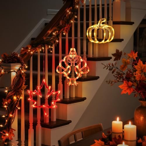 [Timer] 3 PCS Thanksgiving Lights Turkey Maple Leaf & Pumpkin Fall Lights, Thanksgiving Window Lights with Suction Cup, Thanks Giving Lighted Window Decorations for Home - Image 6
