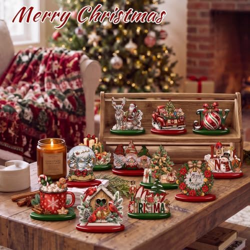 Leinuosen 12 Pcs Christmas Table Decoration Red Green Christmas Tiered Tray Decor Wooden Santa Claus Centerpieces Reindeer Snowman Wreath Farmhouse Xmas Decor for Home Kitchen Coffee Bar Shelf Indoor - Image 5