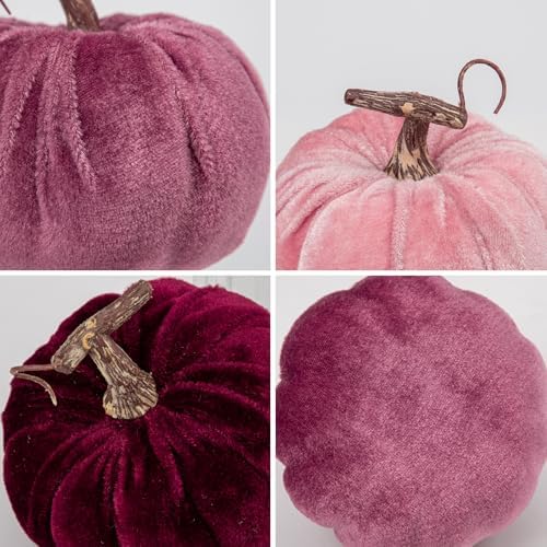 Briful Fall Pumpkins Decoration for Home, 6PCS Velvet Fake Pumpkin Decor for Autumn Harvest Thanksgiving Halloween Party Baby Shower Table Centerpiece Mantel Decoration(4 Inch, Purple/Burgundy/Pink) - Image 3