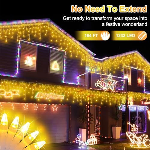1296LED Christmas Lights with 288 Drops, 131ft 8 Modes Christmas String Lights Outdoor, Waterproof Christmas Decorations Fairy Lights with Timer Memory for Xmas Party Patio Window Fence Warm White - Image 2