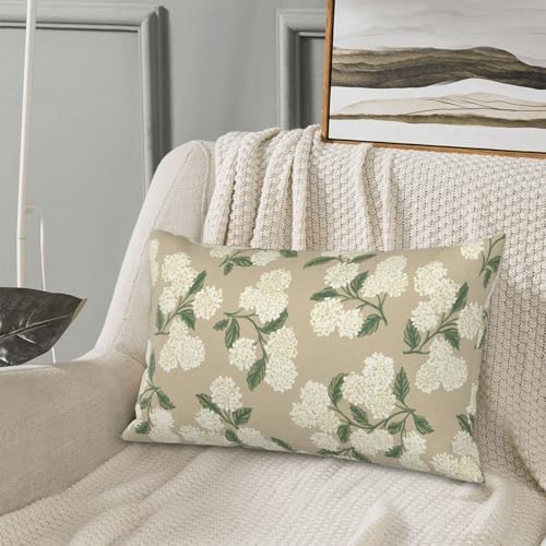 Beige Spring Pillow Covers 12x20 Inch 2 Pcs Khaki Green Hydrangea Flower Decor Throw Pillows Vintage Floral Seasonal Summer Outdoor Decoration Pillowcase Linen Cushion Cover for Couch Sofa - Image 4