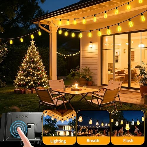 Solar Lights Outdoor Waterproof: ST38 50FT 15M Patio Lights Shatterproof Bulbs - Solar Powered & USB Charging- Remote Control 3 Light Modes Dimmable Solar Light - Garden Camping Backyard - Image 4