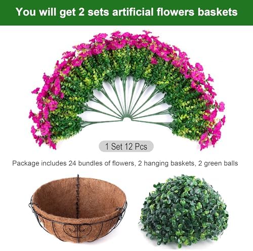 Ivydale 2 Set Artificial Hanging Flowers Baskets Fake Plants for Outdoors, 24 Pcs UV Resistant Faux Silk Morning Glory Eucalyptus with 2 Hanging Planters Realistic for Outside Patio Porch Outdoor - Image 4