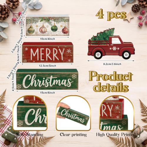 Lineshading 4 Pcs Christmas Table Decor, Red Truck Tree Block Sign Home - Image 5