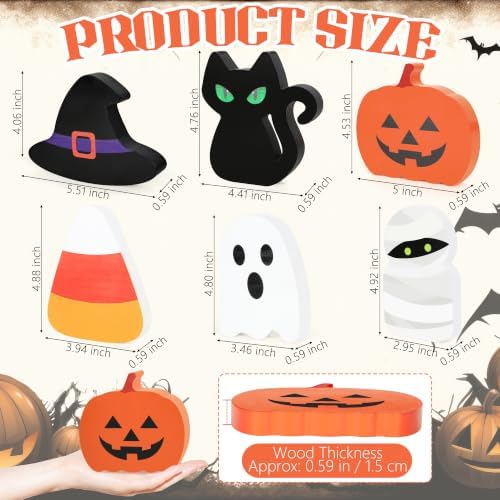 Halloween Decor, 6 Pcs Wooden Halloween Decorations for Home Table Sign - Image 2