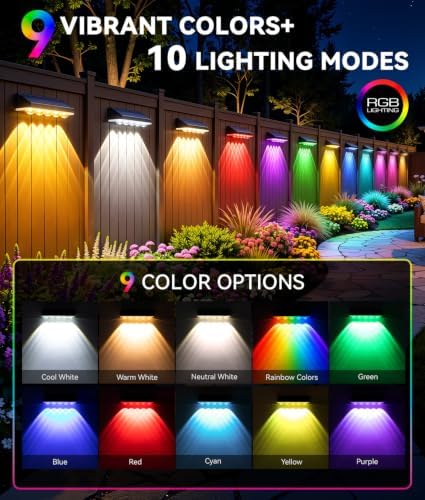 KOOPER Solar Fence Lights Outdoor Waterproof, 8 Pack Warm White & 9 Fixed Colors & Color Changing Fence Lights Solar Powered, Solar Lights Outdoor Fence for Outside Backyard Railing Patio Wall Deck - Image 3