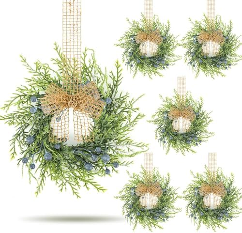 6 PCS Small Spring Summer Blue Berry Cabinet Wreath Artificial Mini Kitchen Wreaths Vintage Swags Wreath with Retro Burlap Ribbon for Farmhouse Rustic Home Front Door Window Pillar Wedding Chair Wall by Unknown