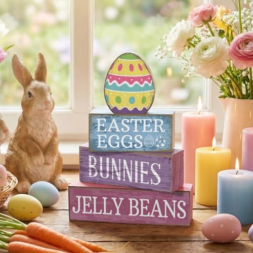 Lineshading 4 Pcs Easter Block Signs, Farmhouse Tiered Tray Decor Wooden - Image 2