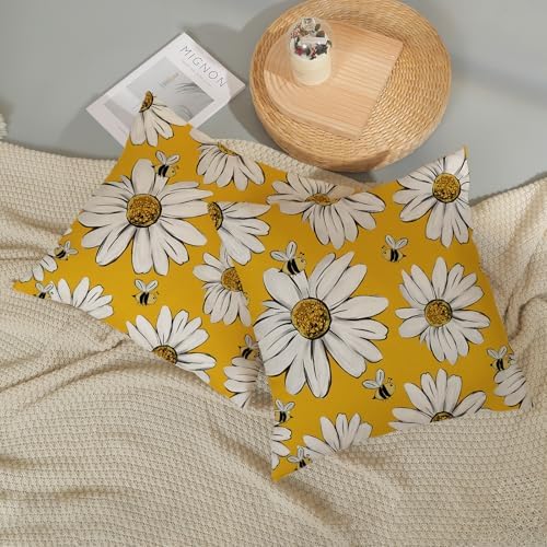 Summer Pillow Covers 16x16 Inch Set of 2 Floral Bee Sunflowers Yellow Throw Pillows Spring Outdoor Decorative Pillow Cases Linen Farmhouse Seasonal Cushion Covers Decor for Living Room Couch - Image 6