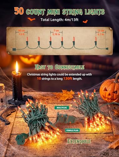 Hopolon Orange Halloween Lights, 13 FT 50 Count Christmas Lights Green Wire - Image 5